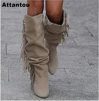 Mode kvast knæ høje boot kvinder Ægte Læder side frynser høj hæl lang ruskind læder spids tå sko