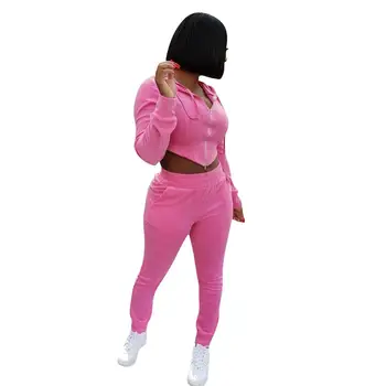 Casual Velvet To Delt Sæt Snor Hooded Coat + Lange Bukser Sportsuit Jogging Femme Træningsdragt Solid Farve Vinter Tøj