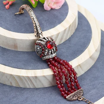 2018 Tyrkisk Rød Krystal Armbånd Til Kvinder Naturlige Sten Perler Armbånd Cuff Antik Guld Farve Mode Bryllup Smykker