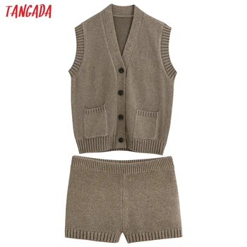 Tangada 2020 Kvinder strik træningsdragt sæt overdimensionerede ærmeløs trøje, shorts passer til 2 stykker sæt jumper shorts passer BE676