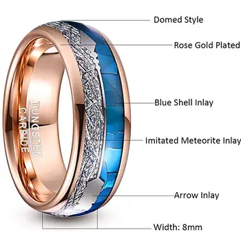 AAA Kvalitet 8mm Bred Wolframcarbid Ringe Rose Gold Plating Indlagt Blå Shell + Meteorit+Pil Dome Wolfram Stål Ring T225R