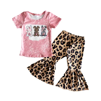 Engros I Høj Kvalitet Påske Dag Tøj Sæt Pige Pink Farve Skjorte Og Leopard Bell Pants Kids Søde Kaniner Udstyr