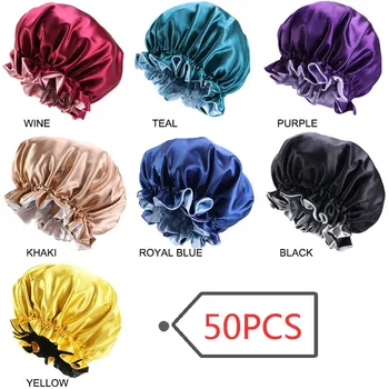 Engros 50STK/masse Nye Solid Kvinder Satin Bonnet Mode Silkeblød Stor Bonnet for Lady Sove Cap Headwrap Hat Hair Wrap Tilbehør