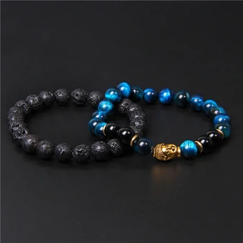 2 stk/sæt Mode Naural Vulkansk Lava Perler Armbånd 8mm Tiger Eye Perler, Guld Buddha Hoved Charme Armbånd Bøn Smykker Gaver