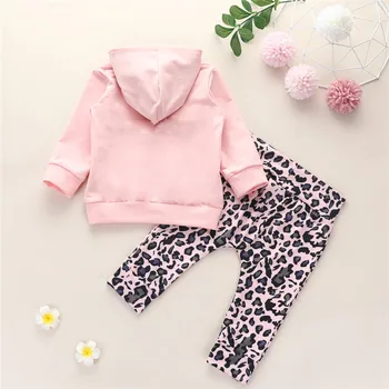 2 STK Spædbarn Baby Piger kostumer, der Leopard Print Udstyr Toddler Langt Ærme Front Lomme Hoodie Top Bukser Casual Tøj