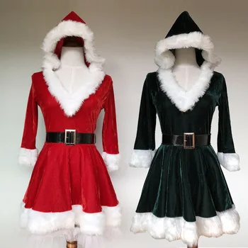 Jul Kostume Santa Kostume half Sleeve Blød Varm Hætte Fancy Plisseret Kjole M,L,XL