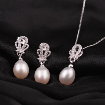 [MeiBaPJ]Ny mode smykker sæt til kvinder elegant 925 sterling sølv krone vedhæng halskæde&øreringe top kvalitet perle smykker
