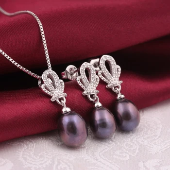 [MeiBaPJ]Ny mode smykker sæt til kvinder elegant 925 sterling sølv krone vedhæng halskæde&øreringe top kvalitet perle smykker