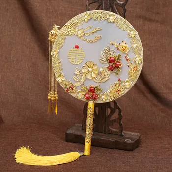 HIMSTORY Traditionel Kinesisk Bryllup Brude Buket, Loftvifte Guld Røde Blomster Beaded Gamle Brud Hånd Holder Fans til at Dække Ansigtet