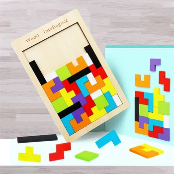 Farverige 3D-Puslespil i Træ Tangram i Matematik Legetøj Tetris Spil til Børn i førskolealderen Magination Intellektuelle Pædagogisk Legetøj for Børn