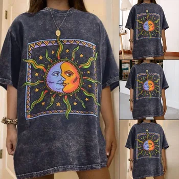 Kvinder Casual Fashion T-shirt Brev Sun Moon Print Løs O-hals Halvt Ærme Elastisk Strakt sommerhus Ny