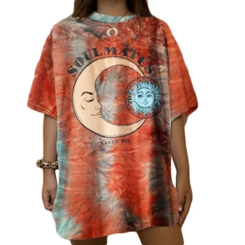 Kvinder Casual Fashion T-shirt Brev Sun Moon Print Løs O-hals Halvt Ærme Elastisk Strakt sommerhus Ny