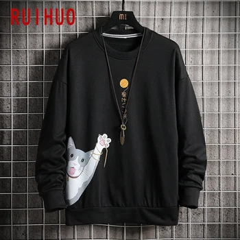 RUIHUO 2020 Efteråret Kat Print Hip Hop Sweatshirt Mænd Japansk Streetwear til Mænd Sweatshirt Fashion Sweatshirts Til Mænd M-3XL