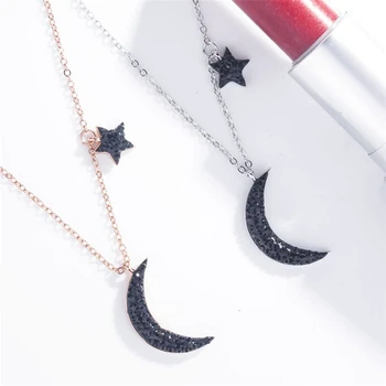 Eneste Hukommelse Ribbon Black Moon Stjerner Romantik 925 Sterling Sølv Kravebenet Kæde Female Halskæde SNE520