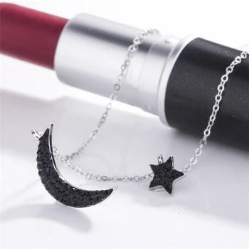 Eneste Hukommelse Ribbon Black Moon Stjerner Romantik 925 Sterling Sølv Kravebenet Kæde Female Halskæde SNE520