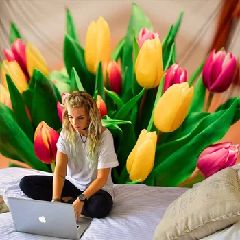 Tulip Flower Gobelin Enkle, Nordiske Stil Hippie Mat Væg Hængende Boheme Sengetæppe Dorm Indretning Gobeliner Hot nye produkter
