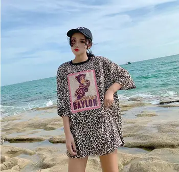 2019 Nye Sommer Leopard Print LadiesCotton T-Shirts Femme Korte ærmer Kreative Tee Toppe Kvinder O-Hals, Løs T-shirts