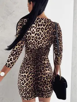 Kvinders Efteråret Sexet-V-hals Mini Kjole Afslappet langærmet Leopard Kjole Lady Fashion Blyant Kjole Kvinder Party Club Kjoler