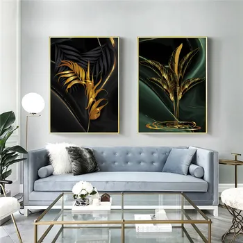 Nordisk Guld og Grønne Blade Lærred Maleri Plakat og Moderne Mode Stil Væg Kunst Billedet Cuadros for Living Room Home Decor