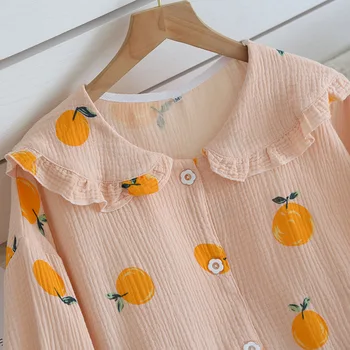 Kvinder Bomuld Nattøj Søde Orange Print Hjem Tøj 2021 Nye Forår Med Lange Ærmer Bomuld Pyjamas Sæt Femlae Plus Size Homewear