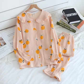 Kvinder Bomuld Nattøj Søde Orange Print Hjem Tøj 2021 Nye Forår Med Lange Ærmer Bomuld Pyjamas Sæt Femlae Plus Size Homewear