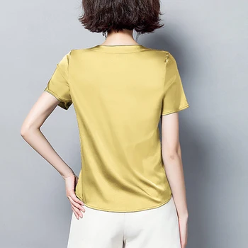 Kort Ærme Plus Størrelse 4XL Solid Kvinder Shirts 2021 Sommeren Silke Bluse For Kvinder Casual Løs O Neck Crop Top Kvinder 9160 50