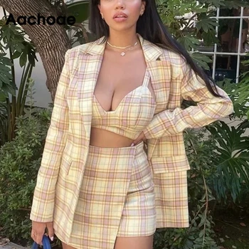 Aachoae Plaid Tre-Delt Sæt Kvinder Vintage 3 Delt Sæt Toppe Og Shorts, Mode Suit Blazer Med Camisole Smarte Korte Udstyr