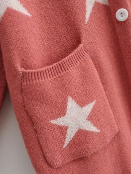 Efterår Og Vinter Kvinder Cardigans Cashmere Sweater Med V-Hals Stjerne Print High Street Strik Trøjer Plus Size-Knap Lomme Afslappet Frakke