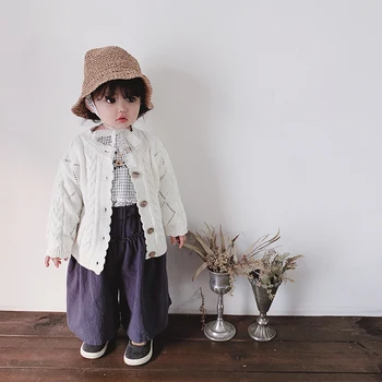 Foråret 2019 Piger Årgang Japansk Hånd-strikkede Sweater Børn er Almindeligt Kronblad Baby Piger Sweater Cardigan Pels Småbørn Tøj