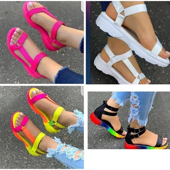Candy Farve Kvinder Fladskærms-Platform Sandaler 2020 Nye Sommer Kvinde Hook Og Loop Non-Slip Plus Size Casual Kvindelige Ladies Beach Sko
