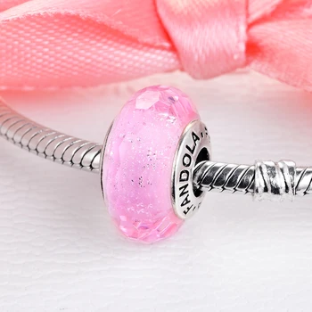 Passer til Charms Armbånd Halskæder 925 Sterling Sølv Smykker, Pink Shimmer Murano Glasperler Gratis Fragt