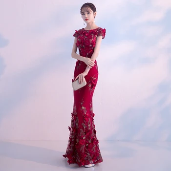 Mørk Rød Bride Bryllup Part Orientalske Kvinder Elegant Slank Kjole Mode Kinesisk Stil Bryllup Lang Qipao Luksus Robe Vestido