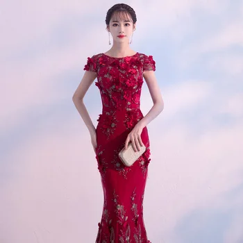 Mørk Rød Bride Bryllup Part Orientalske Kvinder Elegant Slank Kjole Mode Kinesisk Stil Bryllup Lang Qipao Luksus Robe Vestido