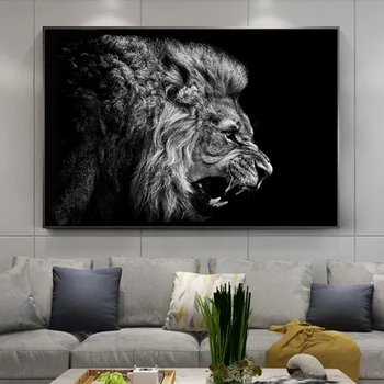 Sort Hård Brølende Løve Plakater Og Print På Lærred Maleri På Væg Kunst Dyr African Lion King Indretning Billede Til Stuen