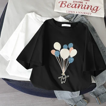Sommer T-Shirt til Kvinder kortærmet Æstetiske Graphic Tee koreansk Stil Søde Print Sort T-shirt Kvindelige Casual Pailletter Ballon Top