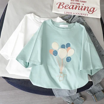 Sommer T-Shirt til Kvinder kortærmet Æstetiske Graphic Tee koreansk Stil Søde Print Sort T-shirt Kvindelige Casual Pailletter Ballon Top