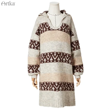 ARTKA 2019 Efterår og Vinter Nye Kvinder Sweater Kjole Vintage Strikket Uld Sweater Hooded Kjoler Lang Varm Sweater Kjole LB10093Q