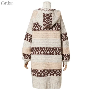 ARTKA 2019 Efterår og Vinter Nye Kvinder Sweater Kjole Vintage Strikket Uld Sweater Hooded Kjoler Lang Varm Sweater Kjole LB10093Q
