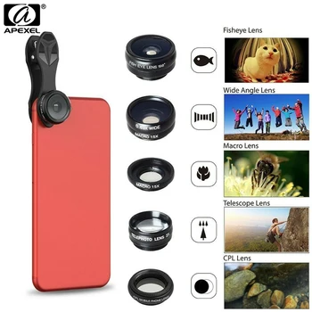 Apexel 5 i 1 HD Telefonens Kamera, Linse Kit Universal Clip Fiskeøje Vidvinkel Makro Kamera til iPhone, Samsung Smartphone