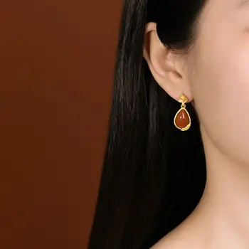 Originale Nye sølv indlagt naturlige Syd Rød Dråbe Øreringe i Kinesisk stil retro unikke gamle guld håndværk charme kvinders smykker