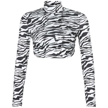 HEYounGIRL Dyr Zebra Print Backless Beskåret Tshirt Kvinder Sexet langærmet T-shirt Damer Mode Crop Tops Tees Streetwear
