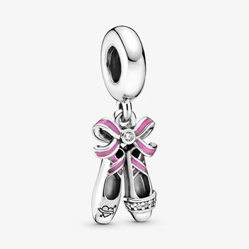 925 Sterling Sølv Perler Pink Ballerina Sko Dingle Charms Vedhæng passer Oprindelige Pan Armbånd til Kvinder DIY Smykker