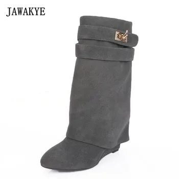 JAWAKYE Metal Shark-Lock Kvinder Støvler Designer Luksuriøs Læder Mid Kalv Vinter Sko Kvinde Kiler Stigende Højde Lag Støvler