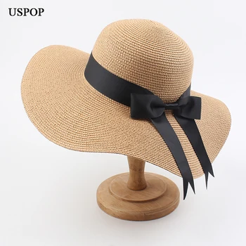 USPOP 2020 Kvinder med stråhatte solhatte kvindelige wide brim strand hat bue sommer hat anti uv halm solhatte