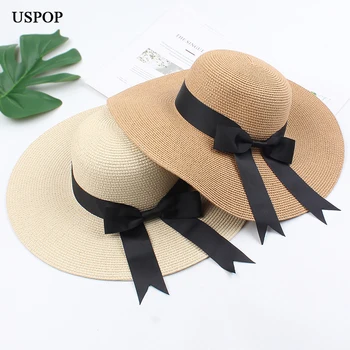 USPOP 2020 Kvinder med stråhatte solhatte kvindelige wide brim strand hat bue sommer hat anti uv halm solhatte