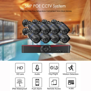 H. 265 8CH 5.0 MP Face Detection, POE NVR Kit Sikkerhed Kamera System Audio IP Kamera udendørs IP66 CCTV Videoovervågning Sæt