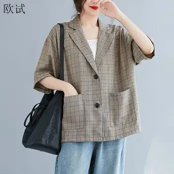 Plus Størrelse Ternet Blazer Jakke Kvinder Half Sleeve Pels Casual Foråret Efteråret Dame Blazere Cardigan Koreanske 2020 Oversized Blazer