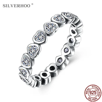 SILVERHOO 925 Sterling Sølv Hjerte fingerring Søde piger Elsker Cubic Zirconia Vintage Ringe Til Kvinder Engagement Bryllup Smykker