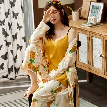 Efteråret Ananas Cardigan Pyjamas Kimono Kvindelige Fuld Bomuld Tre Stykke Afslappet Behagelig Kåbe+Vest+Bukser Japansk Hjem Service