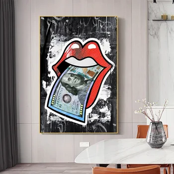 Moderne Abstrakte Sexy Lip med Dollar Penge Lærred Maleri Plakater og Prints Væg Kunst Dekorative Billeder til Stue Indretning